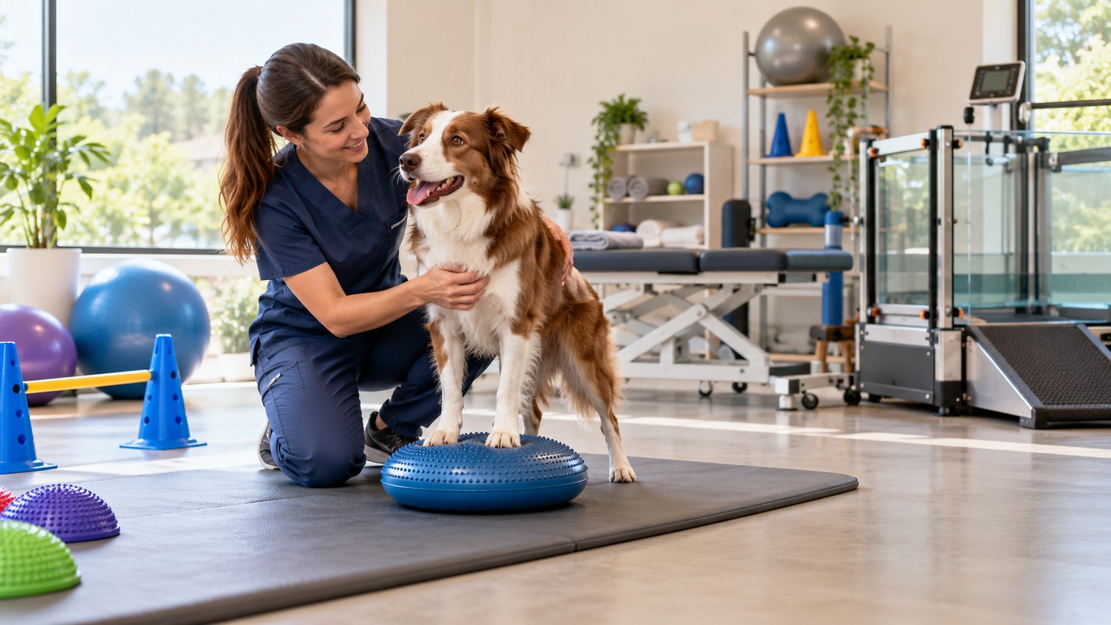 Sala de reabilitação veterinária com esteira aquática, maca, cones e bolas de exercício, onde a médica-veterinária trabalha equilíbrio com um Border Collie sobre um disco