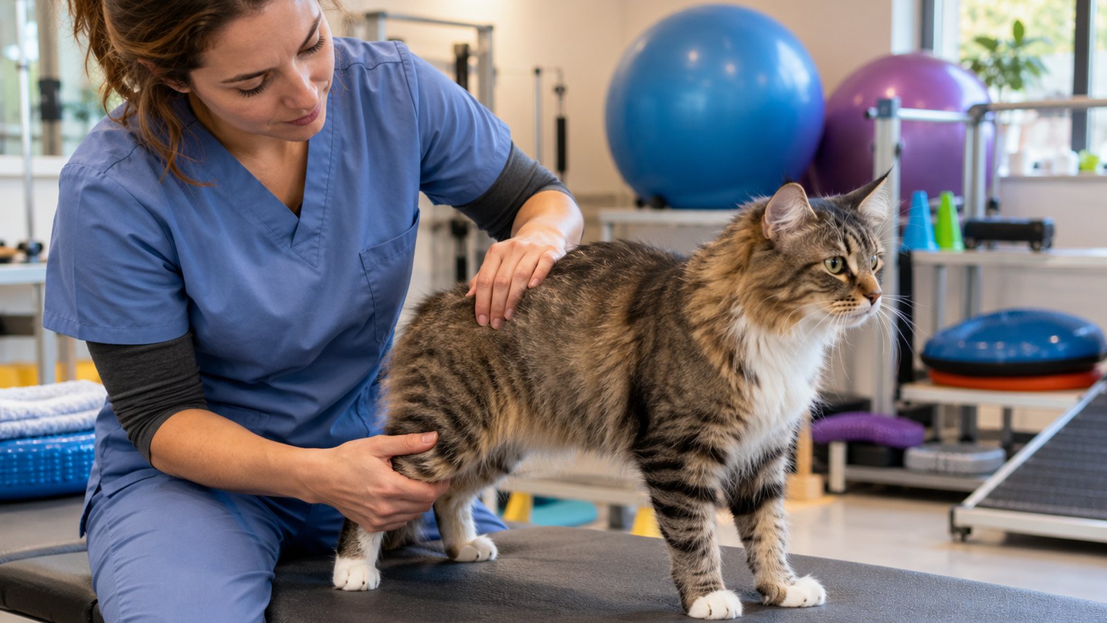 Médica-veterinária examinando com as mãos um gato rajado tranquilo, de olhos abertos, em pé sobre a mesa numa sala de reabilitação