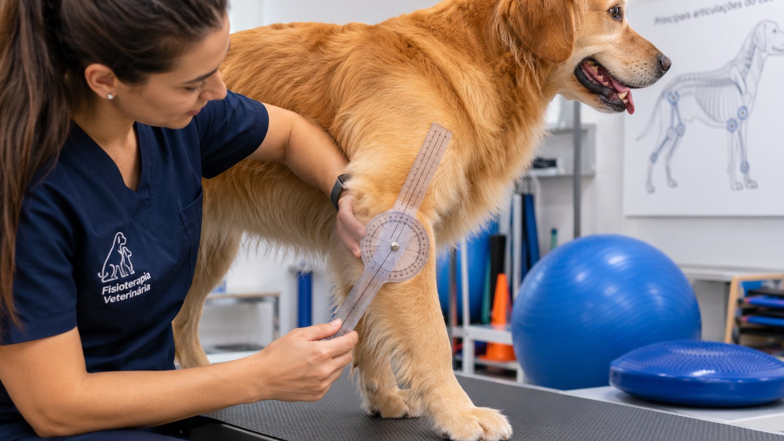 Médica-veterinária medindo com goniômetro a amplitude do cotovelo de um Golden Retriever em pé sobre a mesa, numa sala de reabilitação com bola suíça e disco de equilíbrio