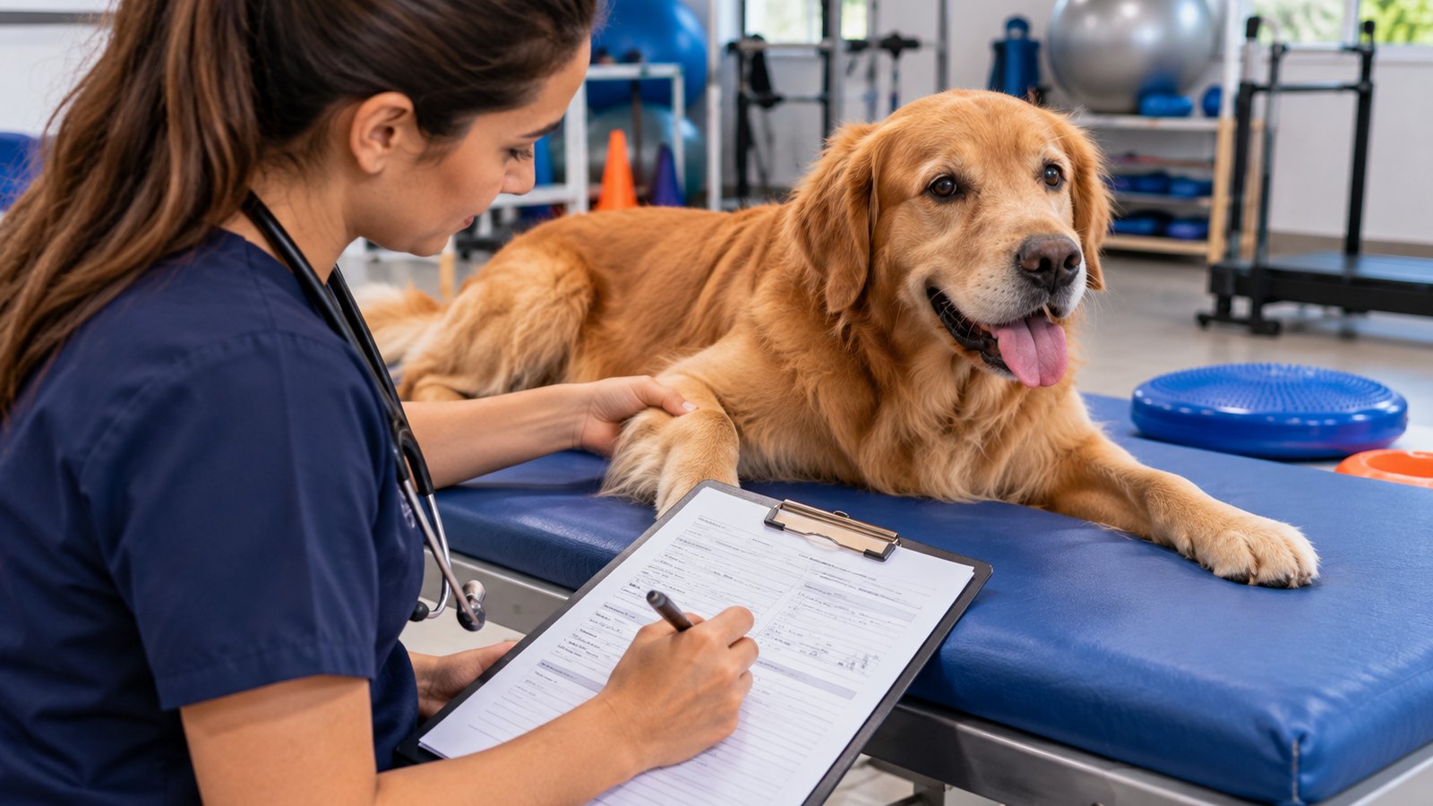 Médica-veterinária registrando a sessão na prancheta ao lado de um Golden Retriever deitado na mesa de atendimento