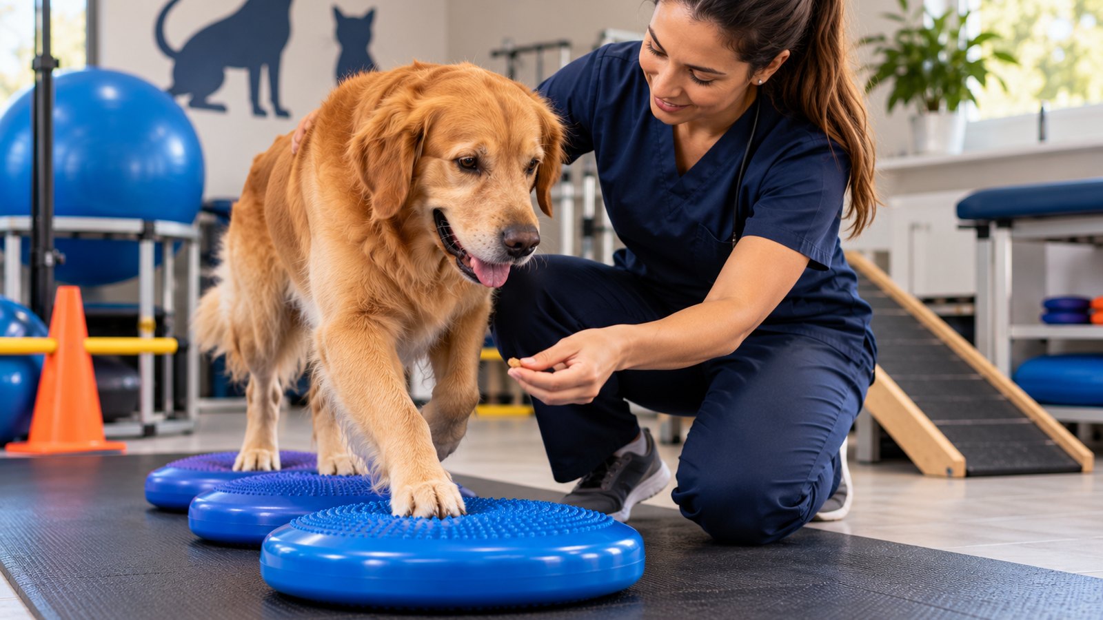 Sessão de fisioterapia veterinária: Golden Retriever caminhando sobre discos de equilíbrio guiado pela médica-veterinária