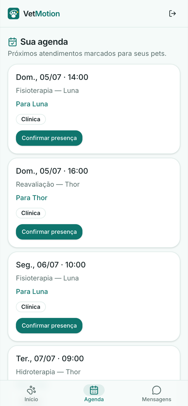 Agenda do tutor com botão de confirmar presença