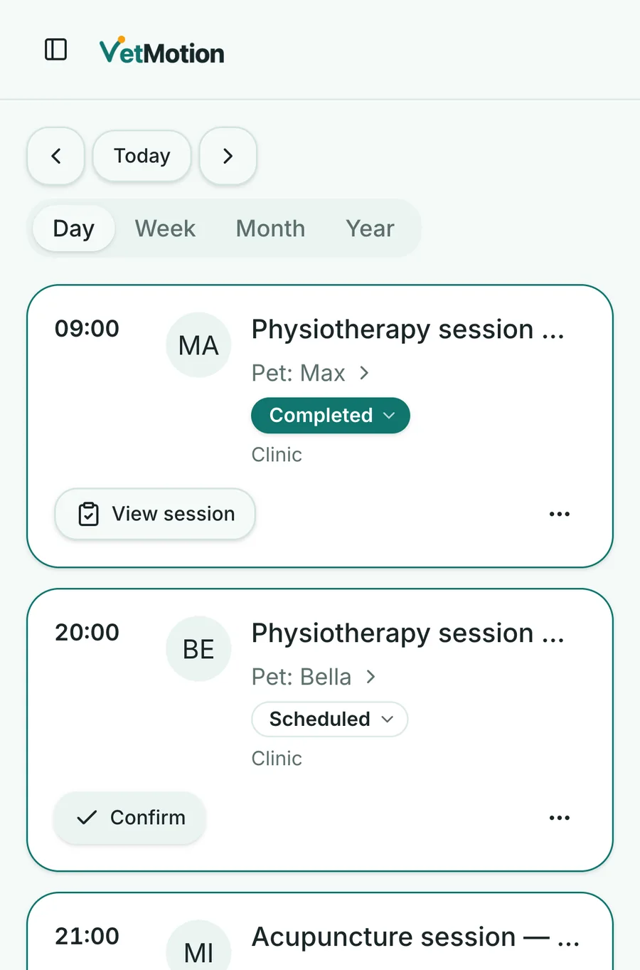 Day schedule on the phone: Max’s physiotherapy session completed with View session, Bella’s session scheduled with Confirm, and Milo’s acupuncture session.