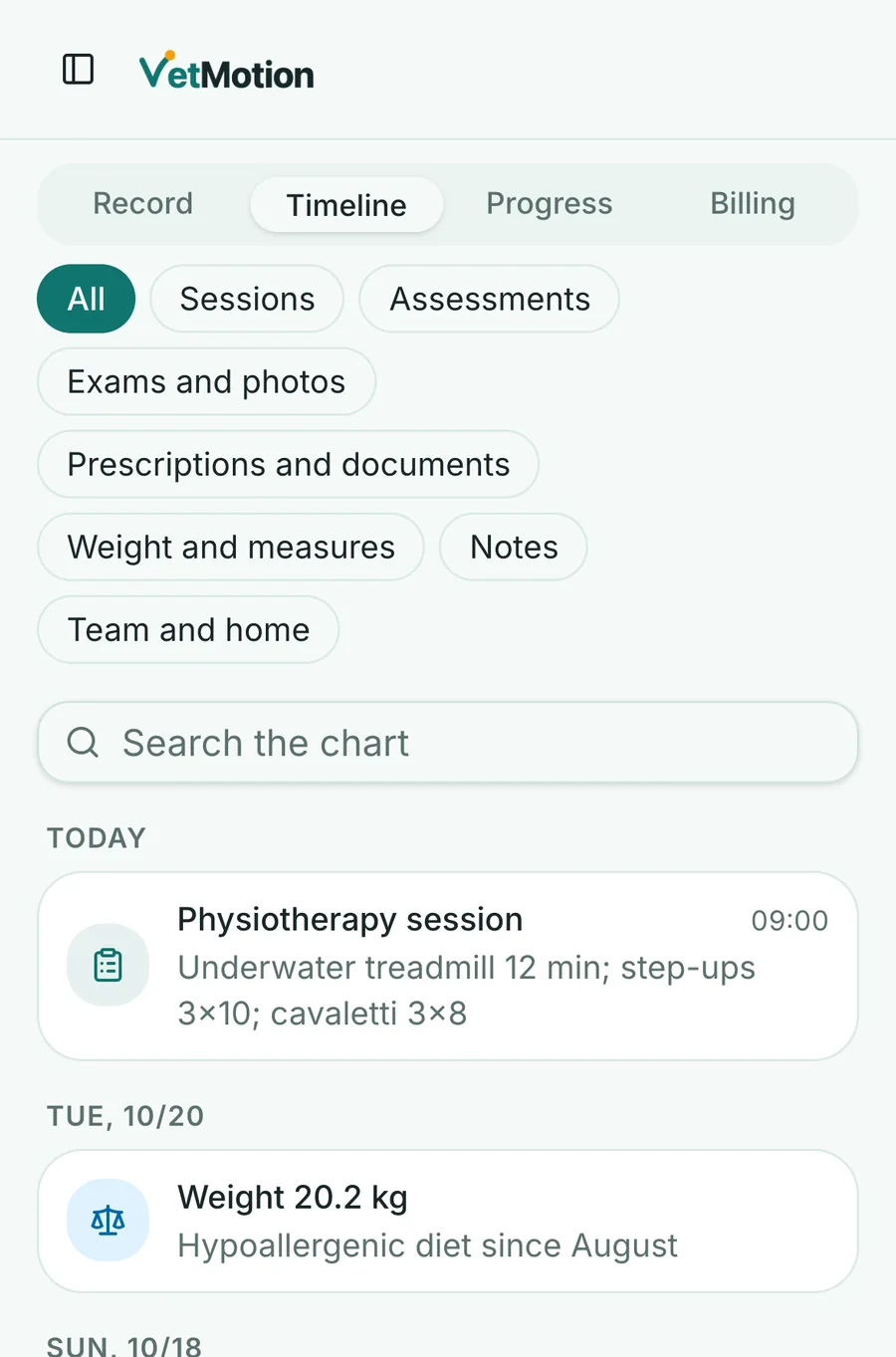 Patient timeline on the phone: filters, search and records by date — today’s physiotherapy session, a weigh-in and earlier sessions.