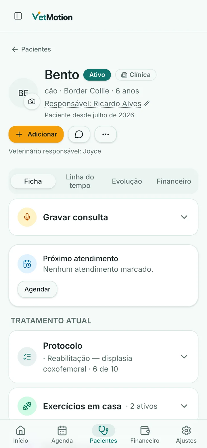 Ficha do Bento no celular: botão Adicionar, abas Ficha, Linha do tempo, Evolução e Financeiro, o cartão Gravar consulta e o protocolo de reabilitação da displasia coxofemoral, sessão 6 de 10.