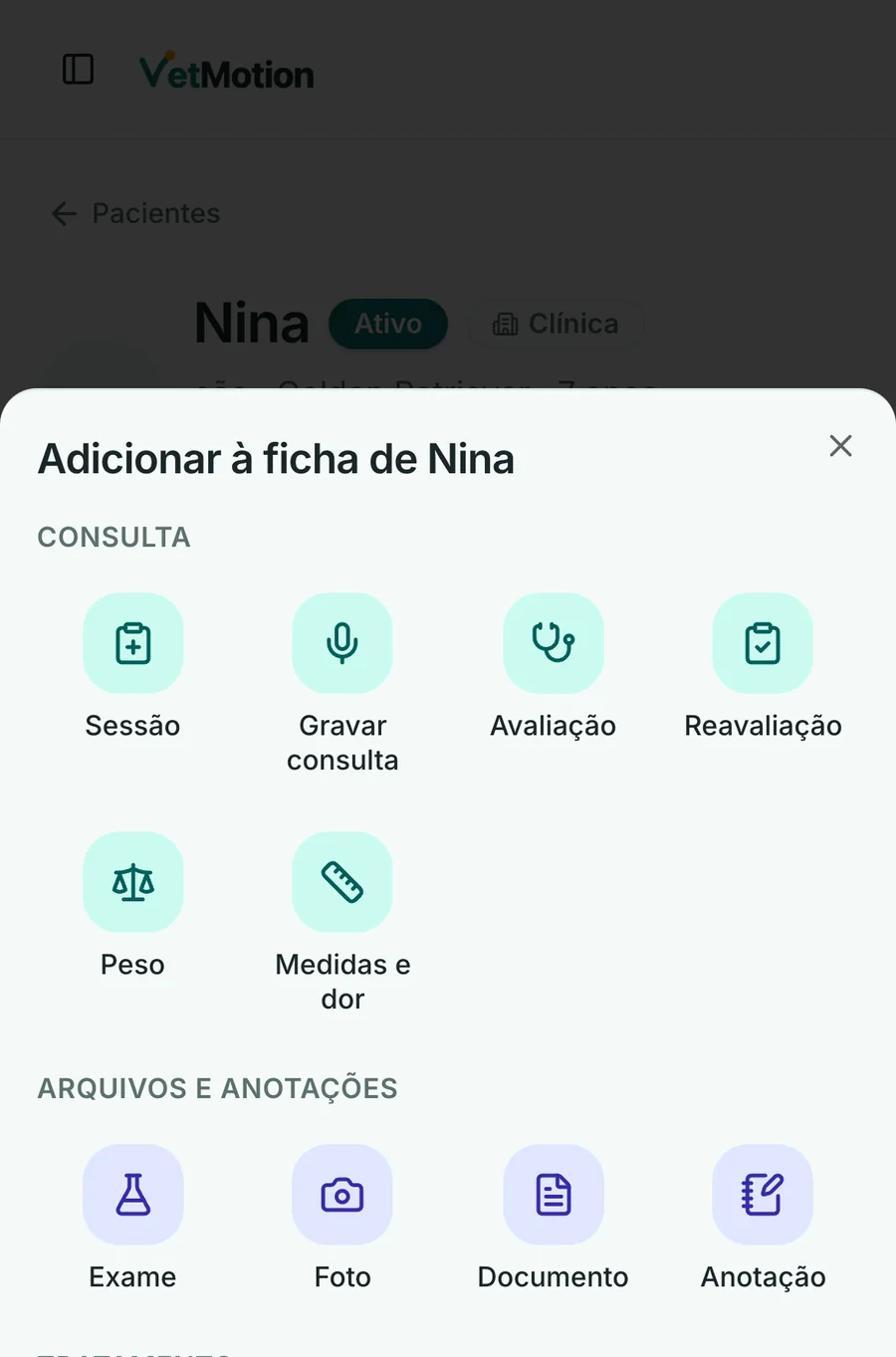 Folha “Adicionar à ficha” do app no celular, com os atalhos Sessão, Gravar consulta, Avaliação e Reavaliação.