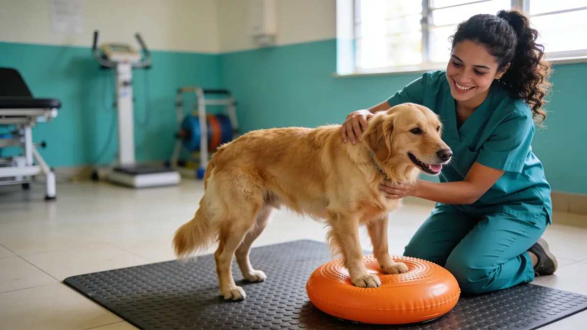 Veterinária sorrindo, ajoelhada ao lado de um golden retriever que se equilibra sobre um disco laranja numa sala de fisioterapia.