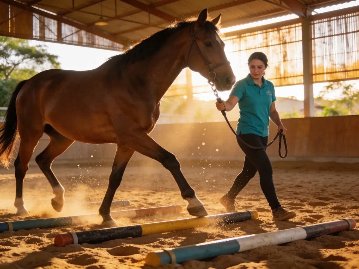 Cavalo passando sobre varas coloridas no chão de areia, conduzido pela veterinária no fim da tarde.