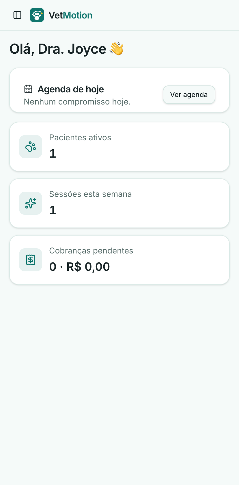 Tela inicial do VetMotion com agenda do dia e indicadores