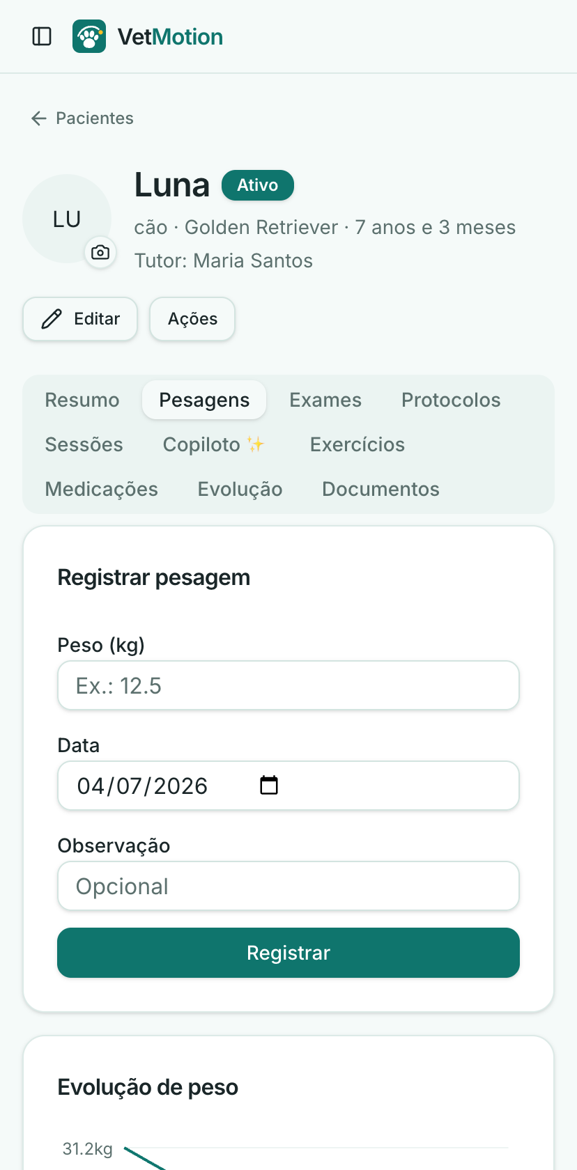 Gráfico de evolução de peso do paciente